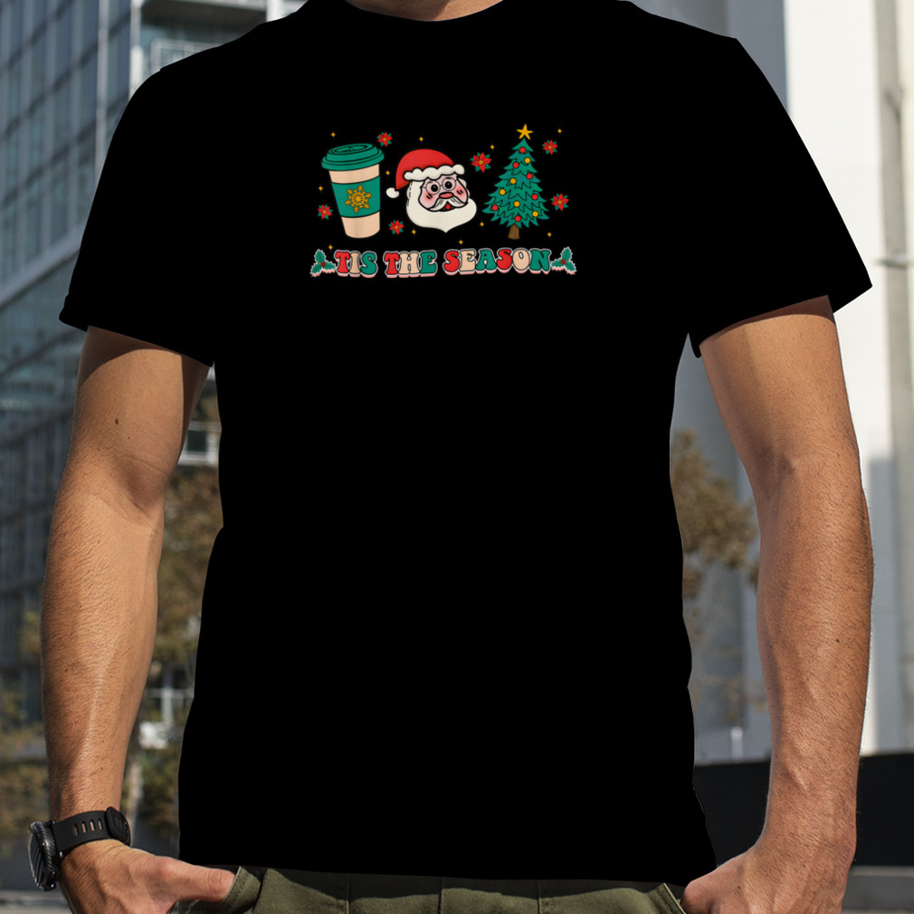 Tis The Season Groovy Christmas Hippie Santa Hot Coffee T-Shirt B0BM9NK9V1