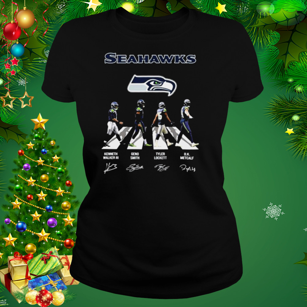 The Seahawks Kenneth Walker III Geno Smith Tyler Lockett And Dk Metcalf Abbey Road Signatures Shirt 2 Women's tshirt