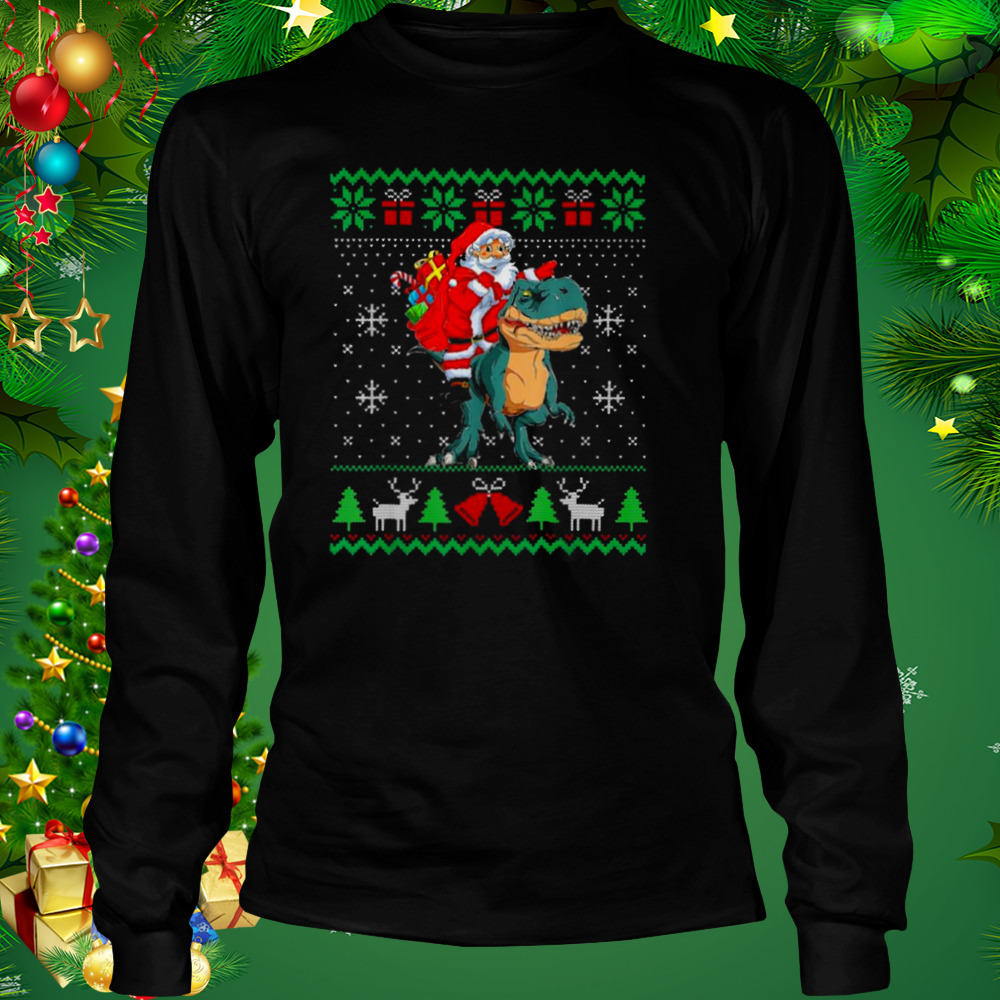 Santa riding dinosaur t rex dinosaur Christmas ugly shirt 3 Longsleeve tshirt