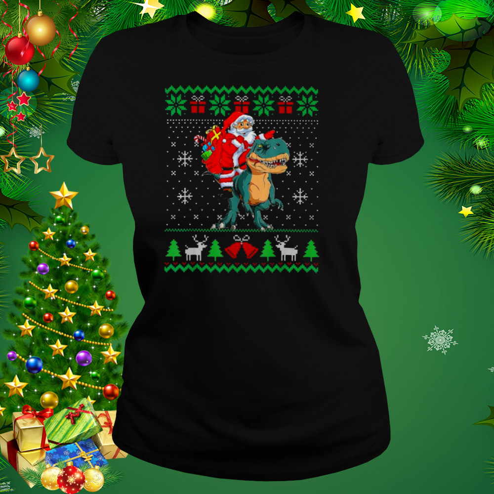 Santa riding dinosaur t rex dinosaur Christmas ugly shirt 2 Women's tshirt