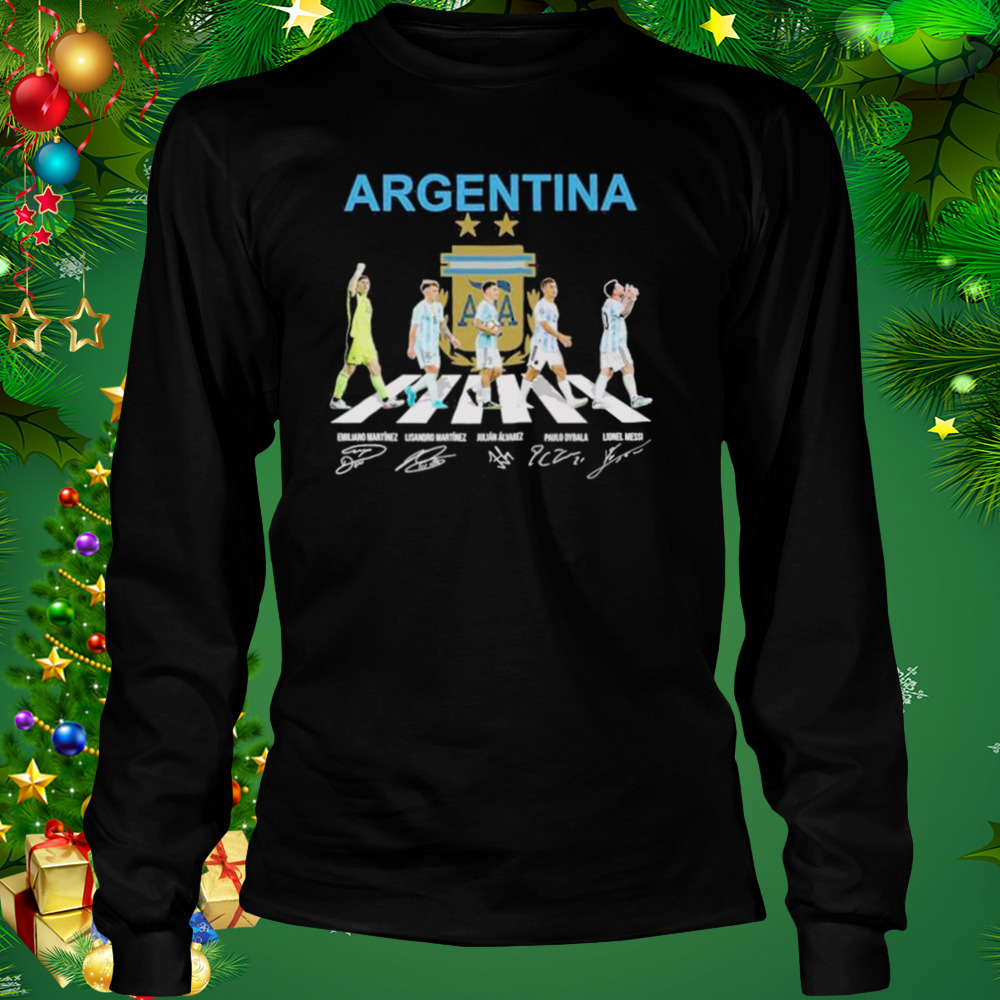 Argentina Martinez, Alvarez and Dybala and Messi abbey road world cup 2022 signatures shirt 3 Longsleeve tshirt