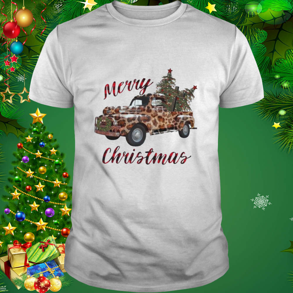 Truck Leopard Buffalo Plaid Merry Christmas Shirt