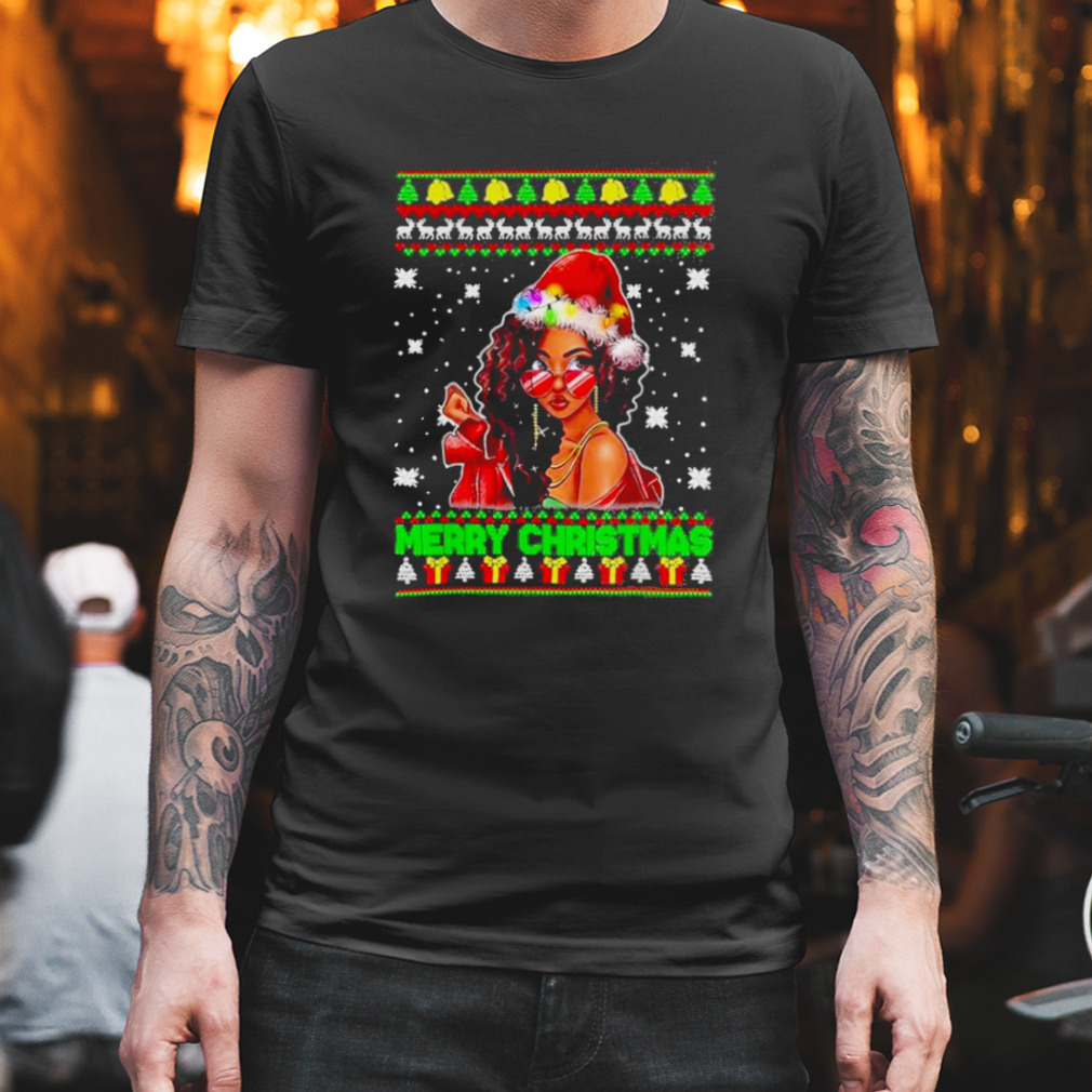 Christmas Santa Hat Black African Girl American Melanin Xmas T-Shirt