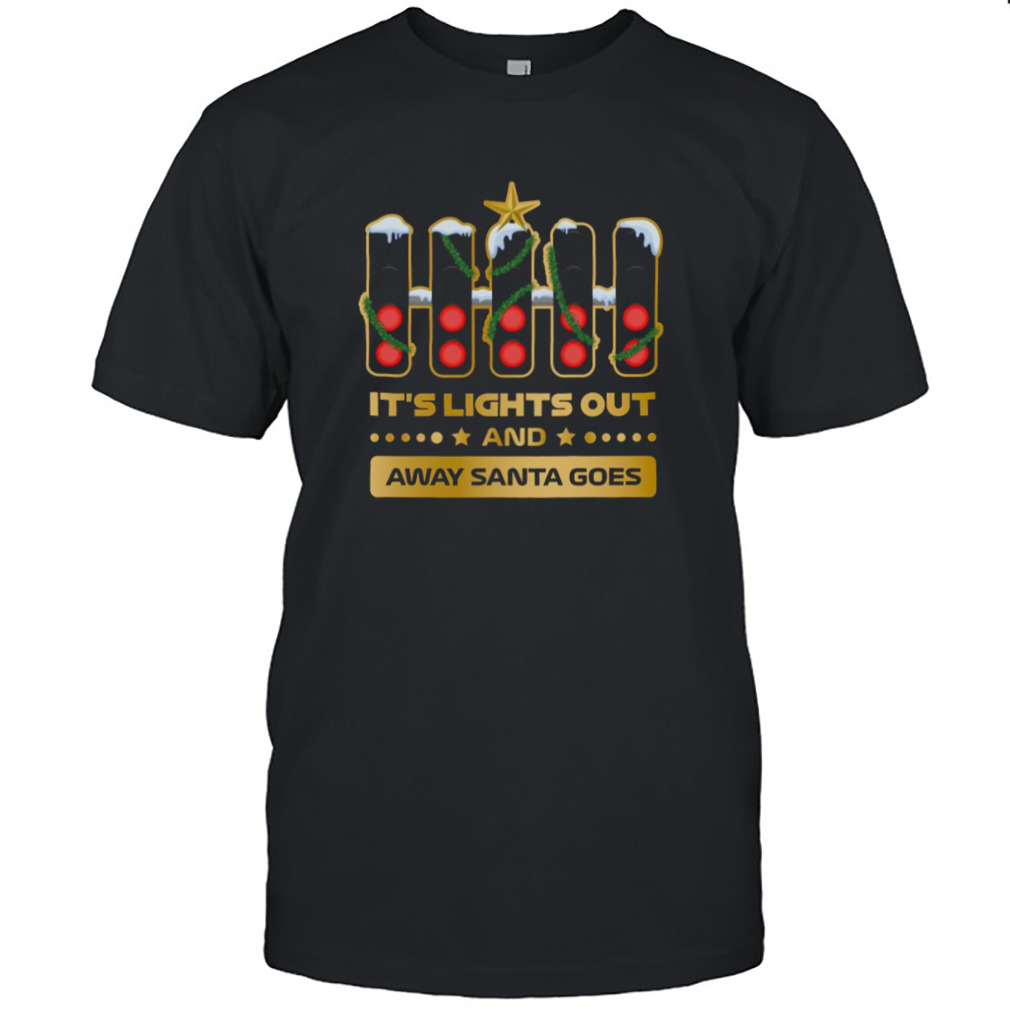 It’s Lights Out And Away Santa Goes Xmas Collection Gold F1 Christmas shirt