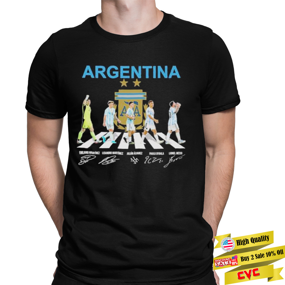 Argentina Martinez, Alvarez and Dybala and Messi abbey road world cup 2022 signatures shirt