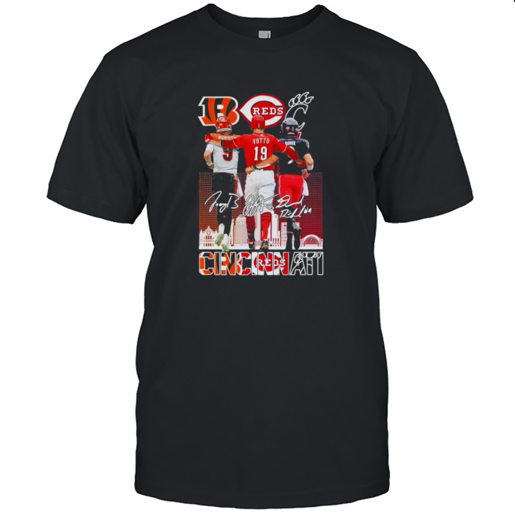 Cincinnati sport team, Burrow Bengals, Votto Reds and Rider Bearcats signatures shirt