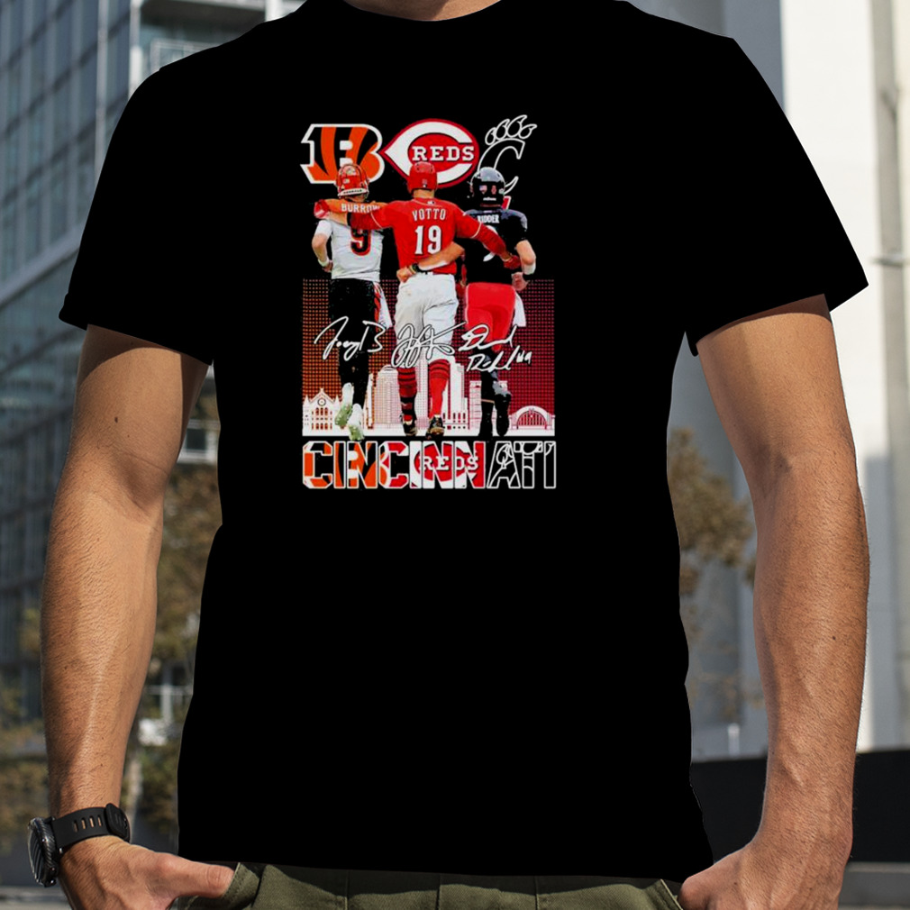 Cincinnati sport team, Burrow Bengals, Votto Reds and Rider Bearcats signatures shirt