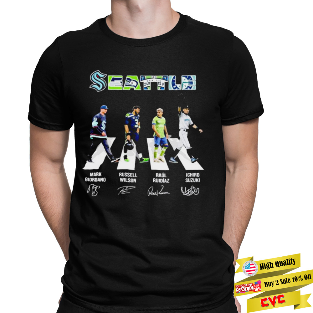 Seattle Sports Mark Giordano Russell Wilson Raúl Ruidiaz And Ichiro Suzuki Abbey Road Signatures Shirt