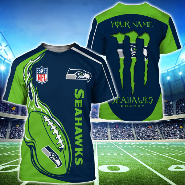 Monster Energy Seattle Seahawks Custom Name 3D T-Shirt
