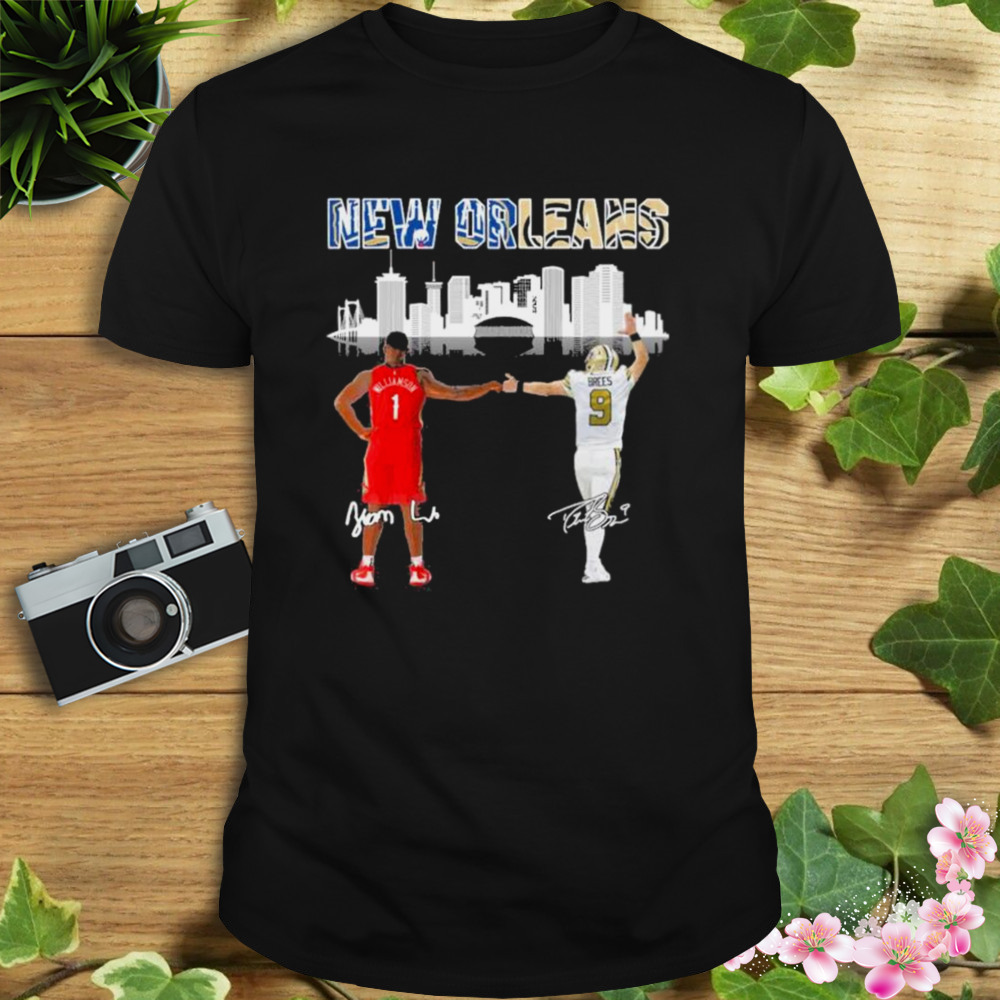 Zion Williamson And Drew Brees New Orleans City Skyline