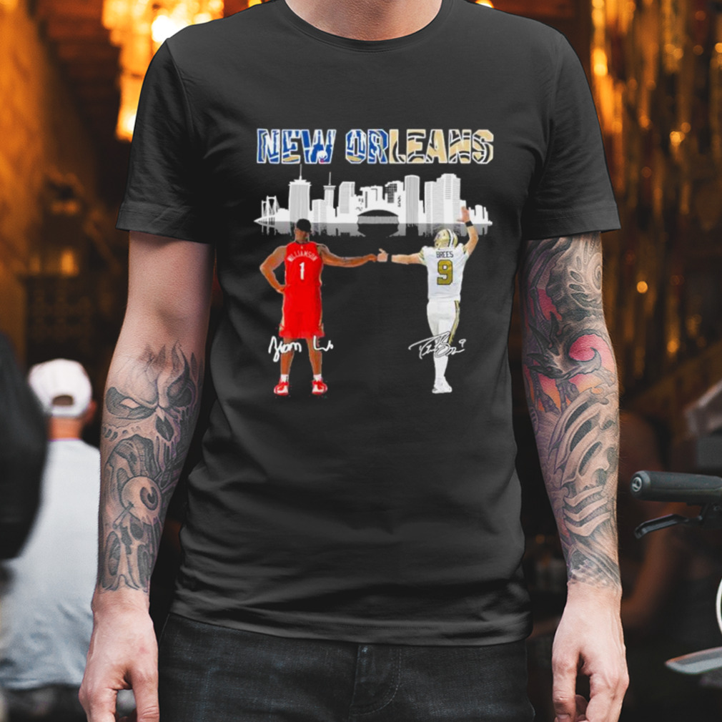 Zion Williamson and Drew Brees New Orleans city skyline signatures shirt