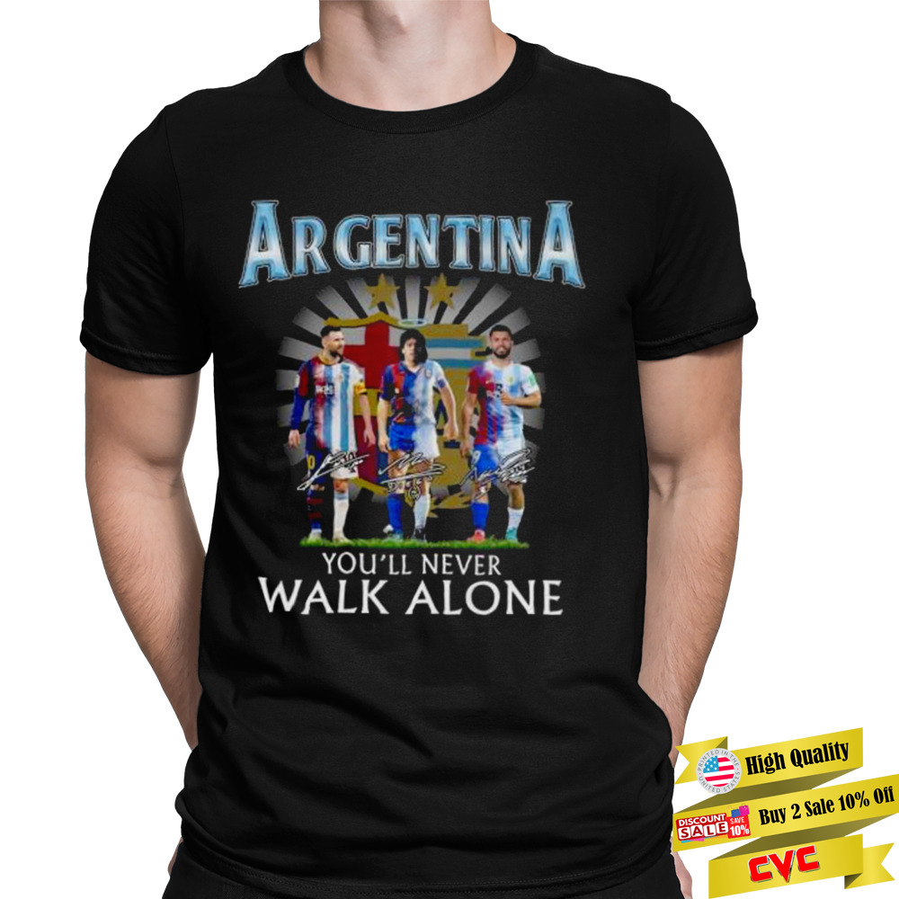 Argentina Lionel Messi Diego Maradona and Sergio Agüero you’ll never walk alone signatures shirt