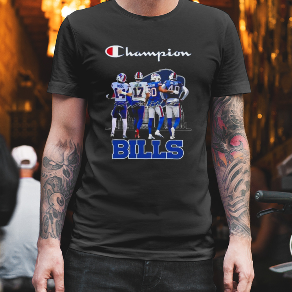 Champions Stefon Diggs Josh Allen Dane Jackson and Von Miller Buffalo Bills  signatures shirt