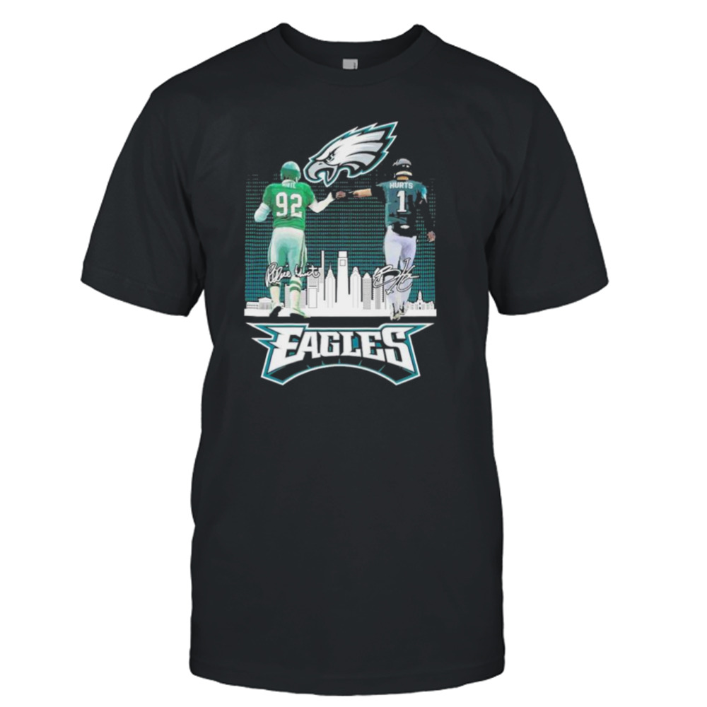 Reggie White And Jalen Hurts Philadelphia Eagles City Skyline Signatures Shirt