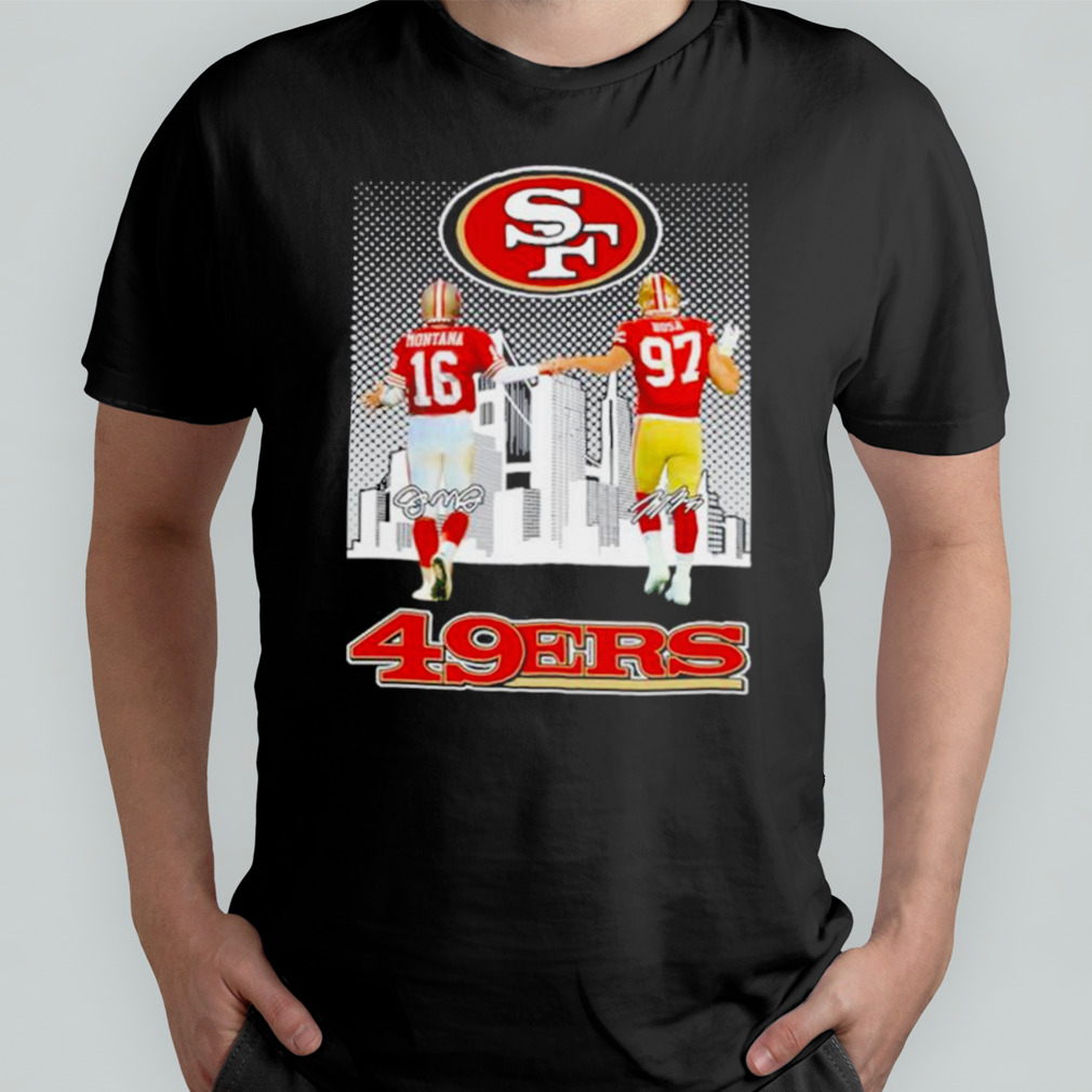San Francisco 49ers Joe Montana and Nick Bosa city skyline