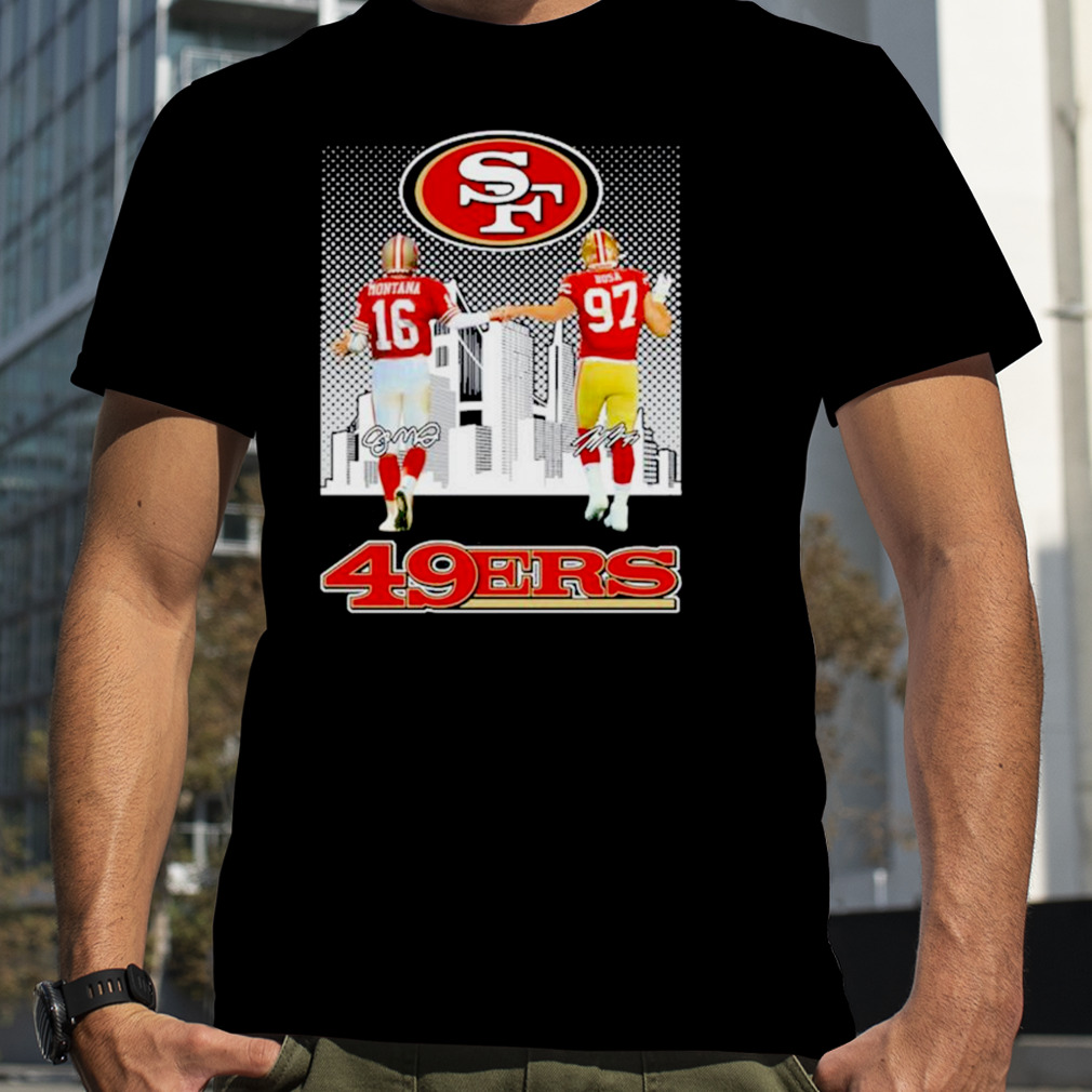 San Francisco 49ers Joe Montana and Nick Bosa city skyline signatures T- Shirt - Peanutstee