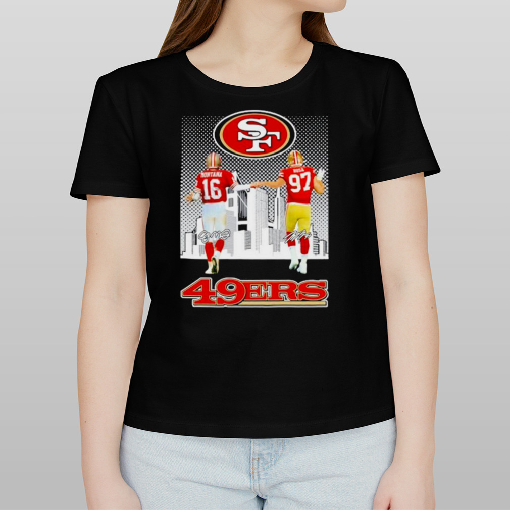 San Francisco 49ers Joe Montana and Nick Bosa city skyline