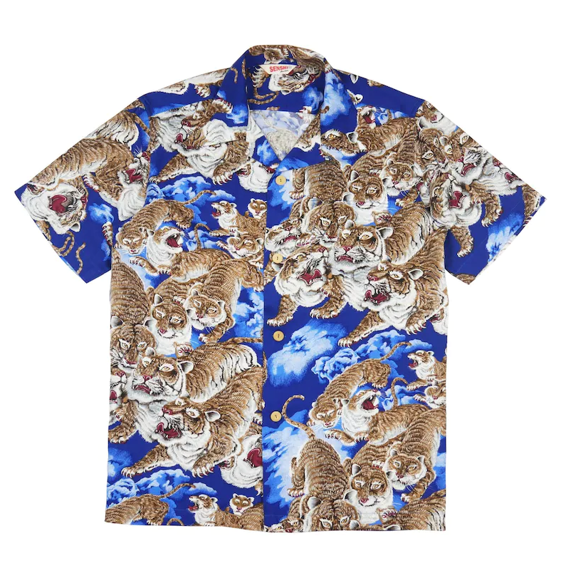 One hundred Tigers Blue Coler Hawaiian Shirt