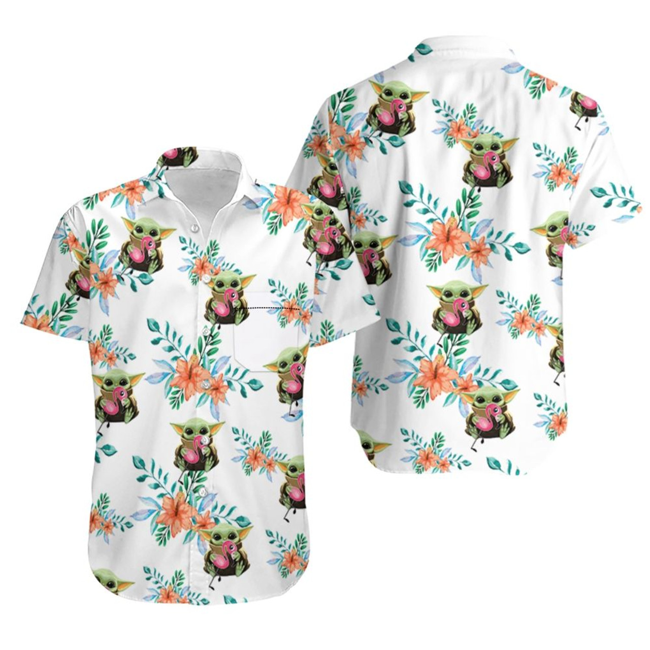 Baby Yoda Hugging Flamingos Seamless Hawaiian Shirt