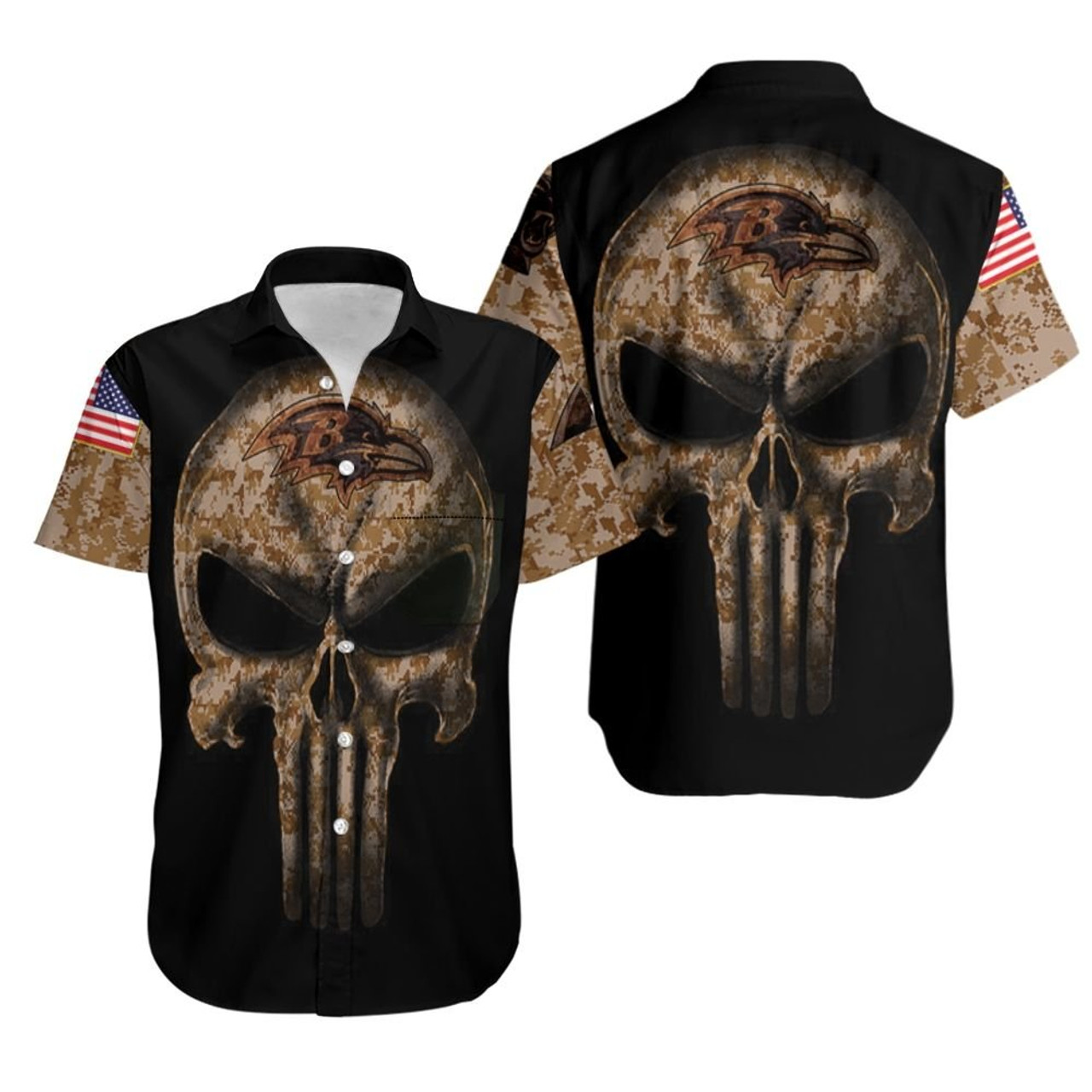 Camouflage Skull Baltimore Ravens American Flag Hawaiian Shirt