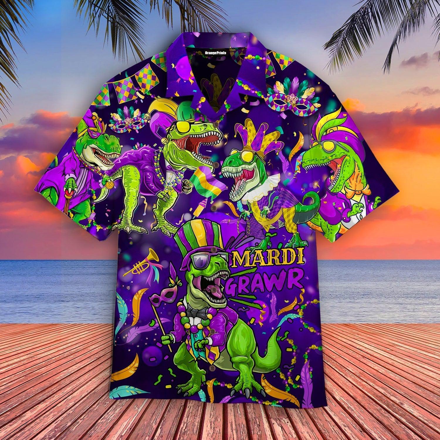 T Rex Dinosaur Mardi Gras Hawaiian Shirt  For Men & Women  WT1814