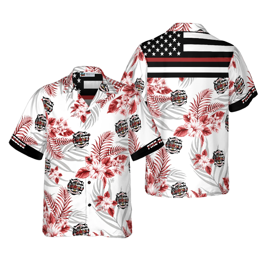 The Red Line Black American Flag Firefighter Hawaiian Shirt