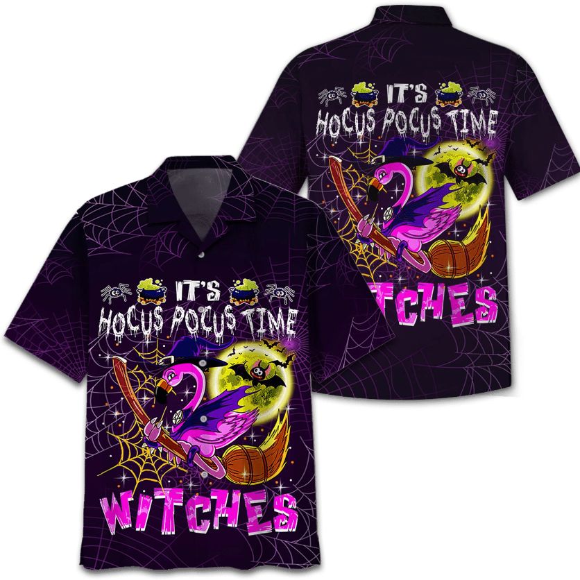 Flamingo Witch It's Hocus Pocus Time Witches Print Hawaiian Shirt