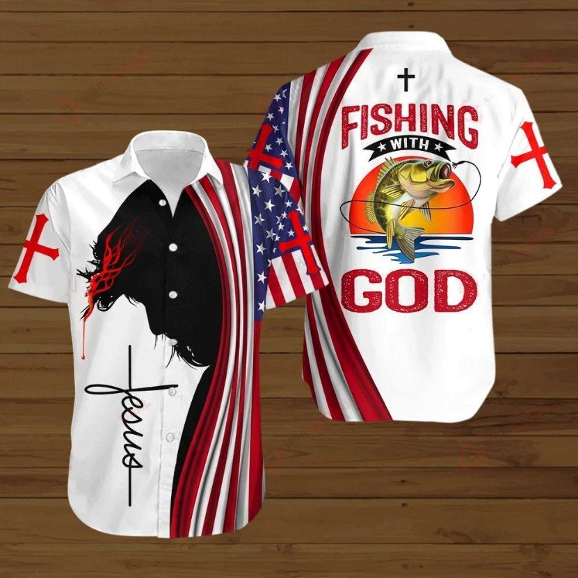 Jesus Bible Fishing With God American Flags 4th Of July Independence Day Hawaiian Shirt