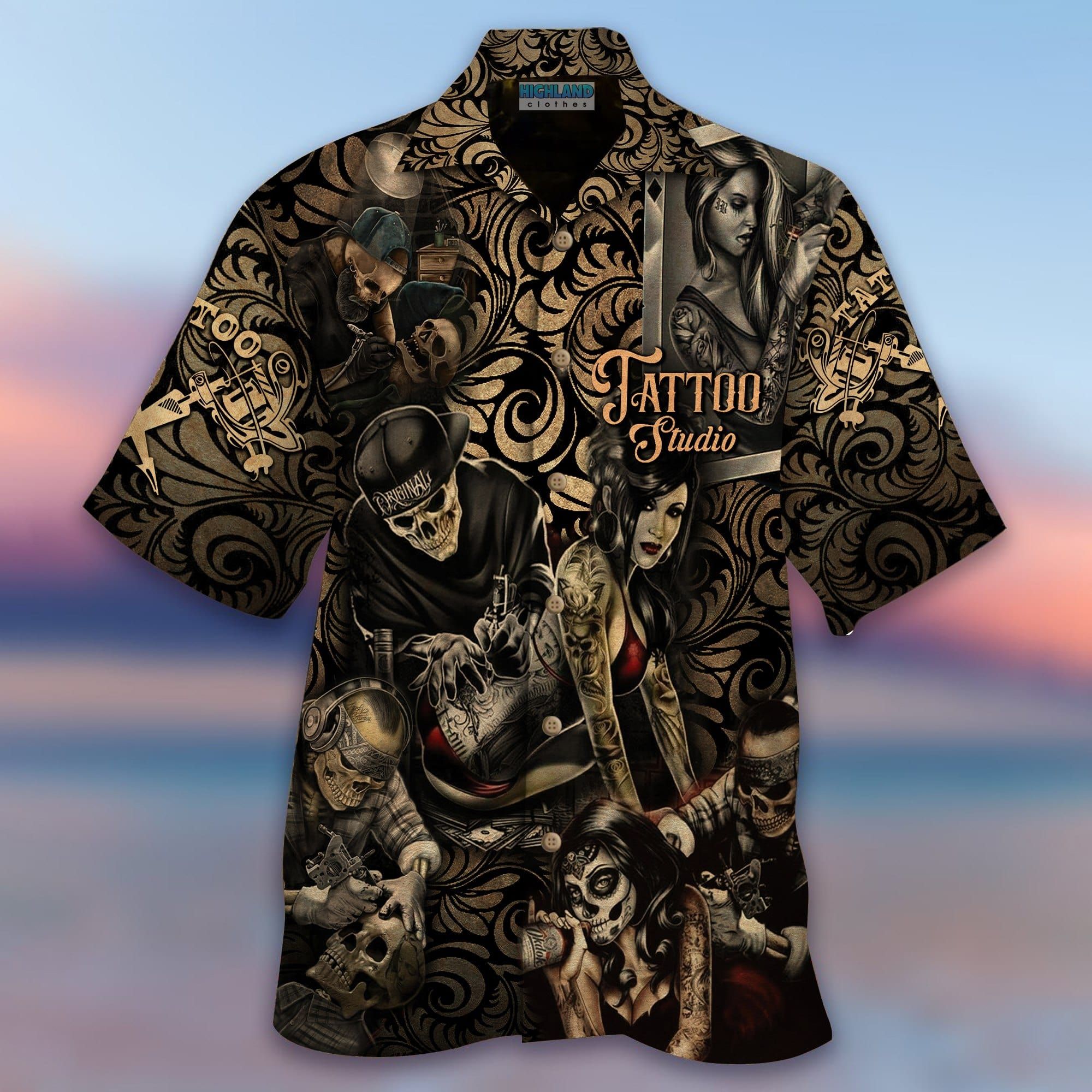 Amazing Tattoo Studio Brown Black Unisex Hawaiian Shirts