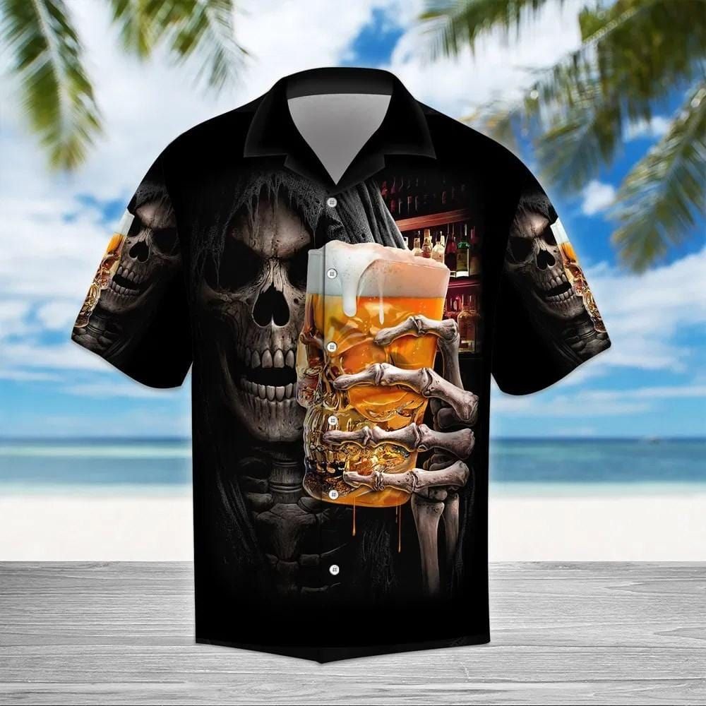 Felacia [Hawaii Shirt] Beer Skull Black Unisex Hawaiian Aloha Shirts-ZX1132