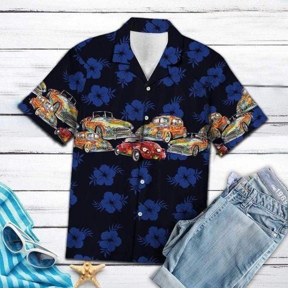 Felacia [Hawaii Shirt] Vinatge Car Dark Blue Tropical Floral Hawaiian Aloha Shirts-ZX2927