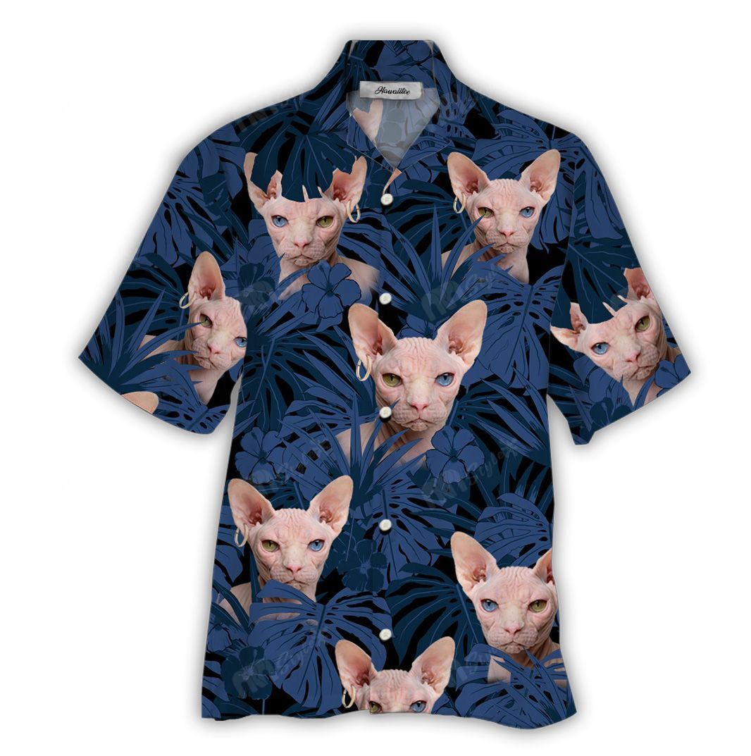 Hawaiian Shirt Cat Dark Blue Tropical