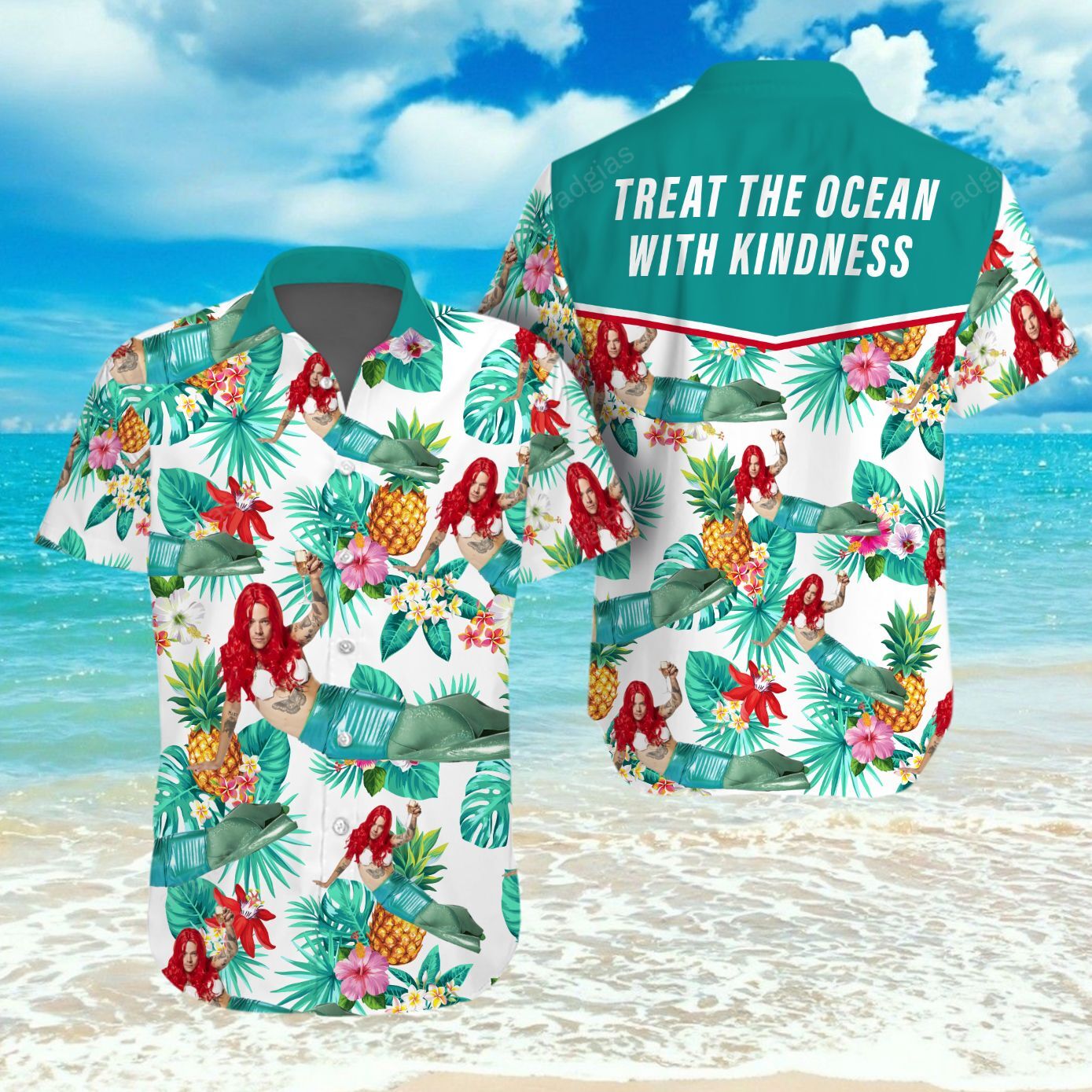 Mermaid treat our oceans with kindness Short Sleeve Hawaiian Shirt