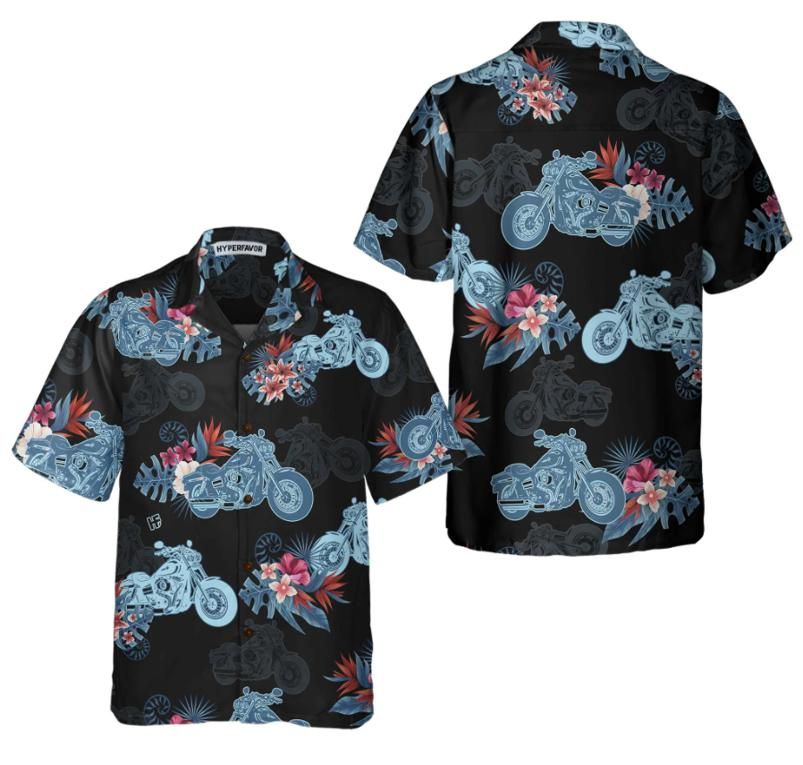 Biker Blue Tropical Flower Pattern Motorcycle Hawaiian Shirt