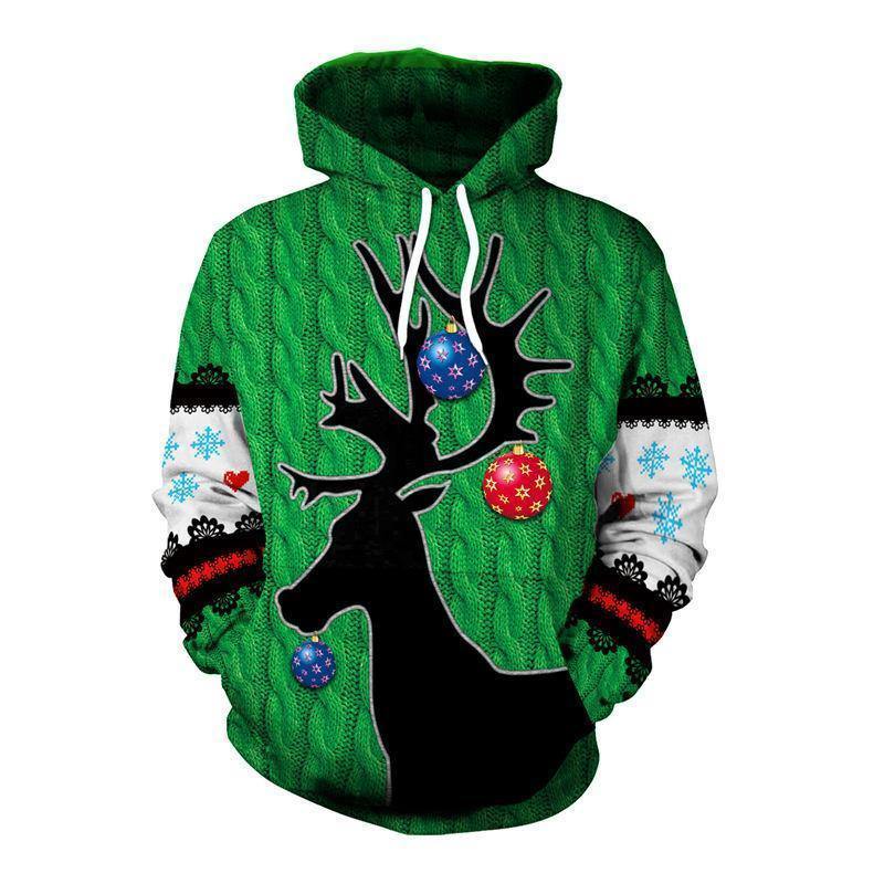 Green Reindeer 3D Printed Long Sleeve Hoodie