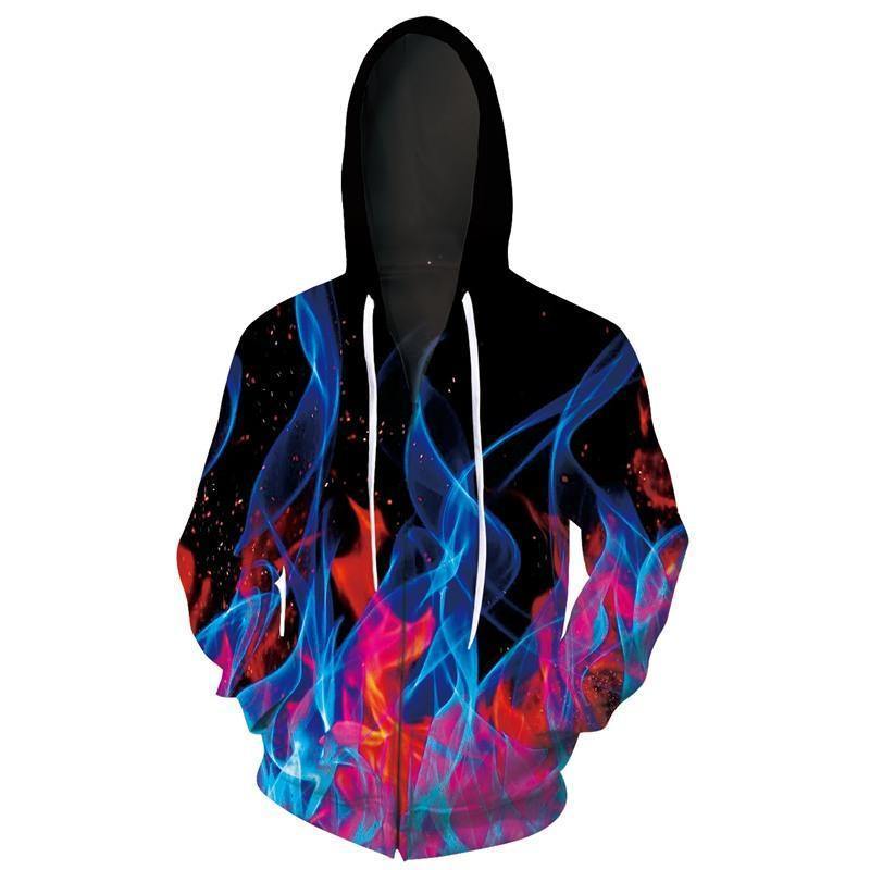 Mens Black Zip Up Hoodies 3D Printed Blue Red Smoke Printing Hooded