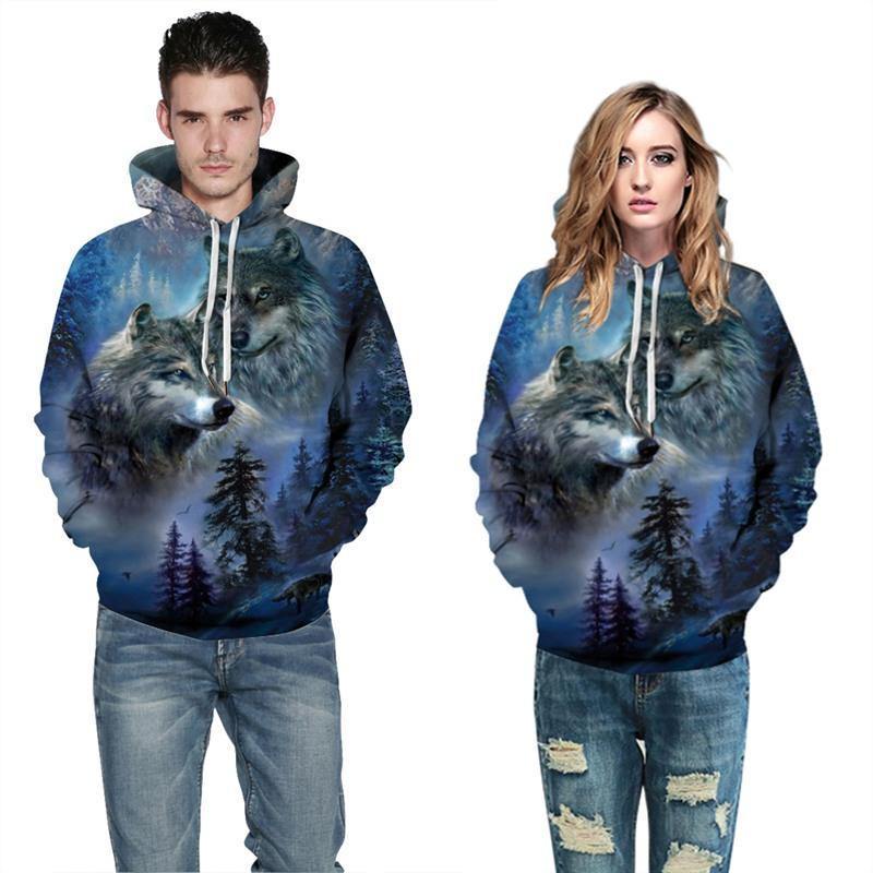 Mens Hoodies 3D Graphic Printed Two Wolves Pullover