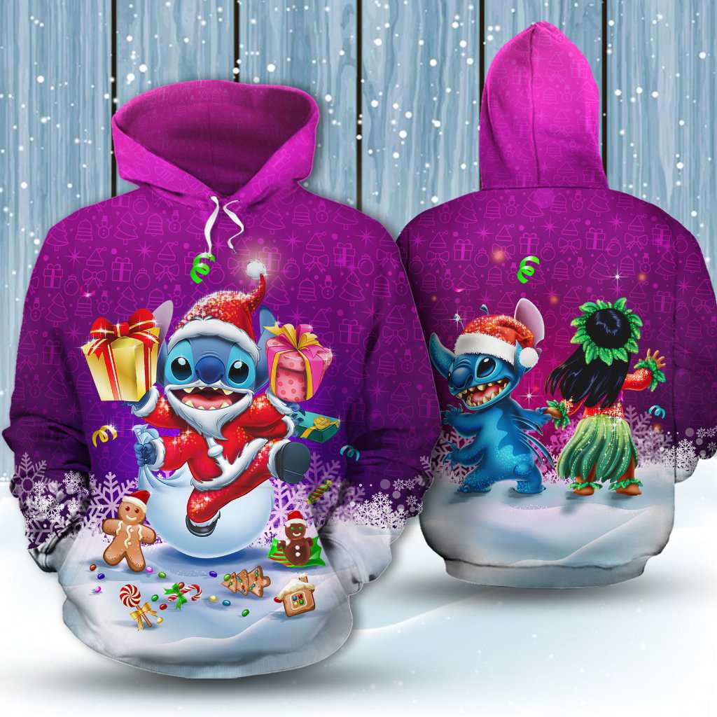 Stitch Lilo Santa Clause Purple 3D Printed Hoodie