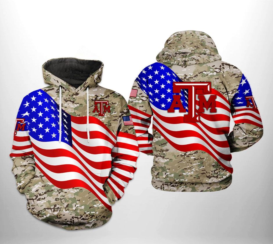 Texas A&ampM Aggies NCAA US Flag Camo Veteran 3D Printed Hoodie