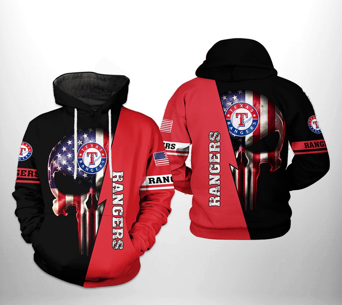 Texas Rangers MLB US Flag Skull 3D Printed Hoodie