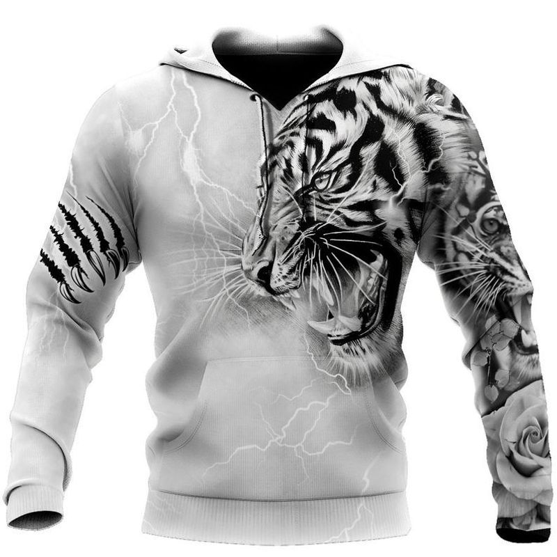 Tiger And Rose White Full Over Printing 3d 3 Hoodie