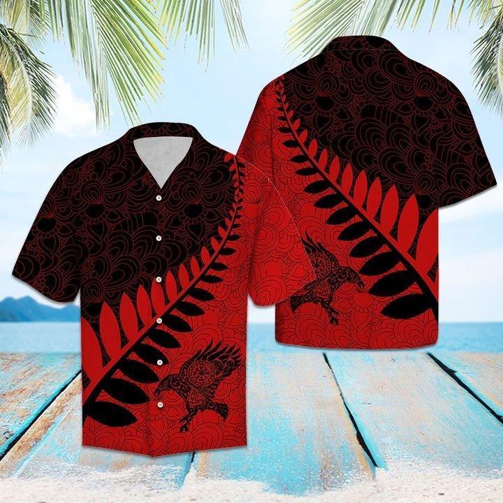 Raven Viking Leaf Red Black Pattern Hawaiian Shirt