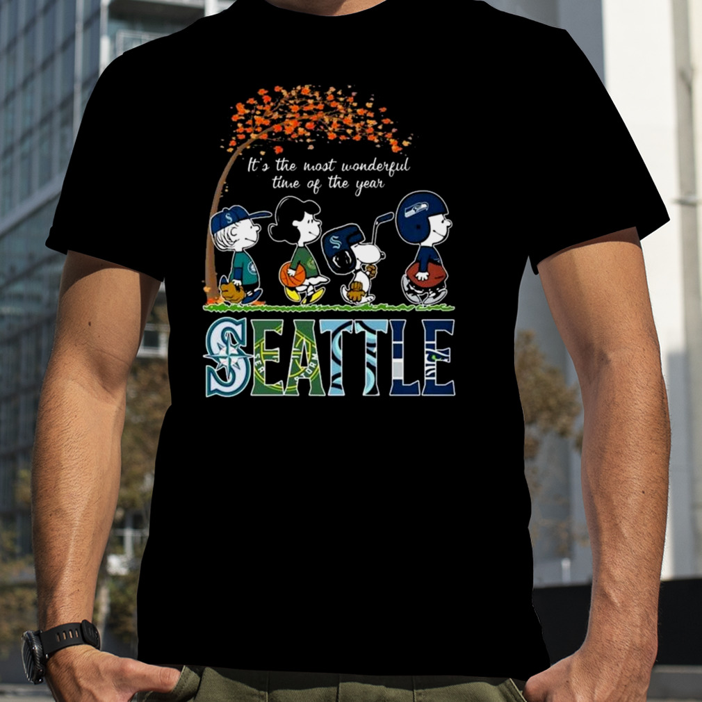 Peanuts Character It’s The Most Wonderful Time Of The Year Seattle Seahawks Mariners Kraken And Storm 2023 Shirt
