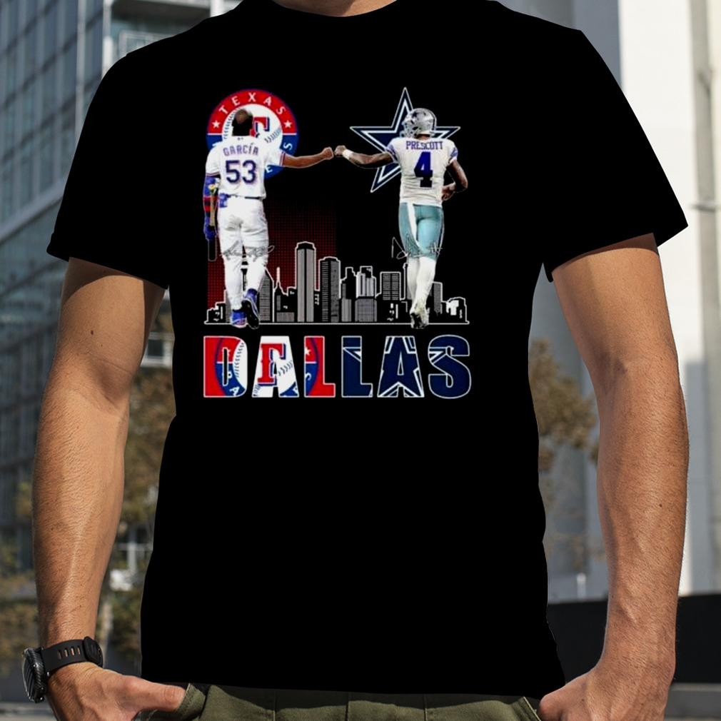 Texas Rangers Garcia 53 And Dallas Cowboys Prescott 4 Signatures Shirt