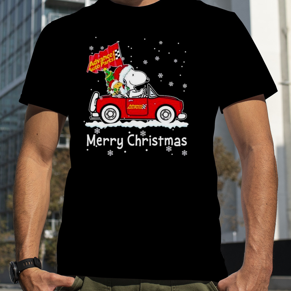 Snoopy and Woodstock drive car Advance auto parts merry christmas shirt