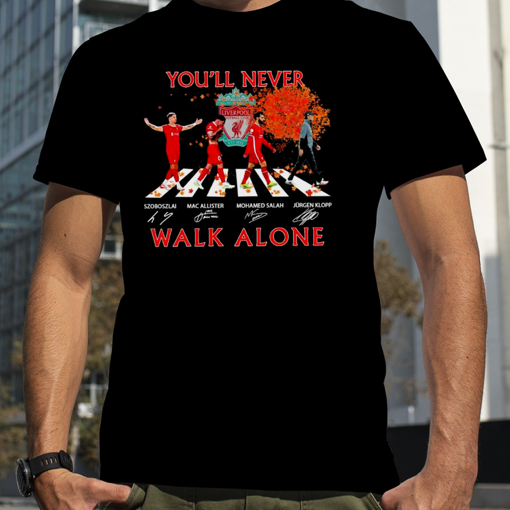 Szoboszlai Mac Allister Mohamed Salah and Jurgen Klopp You’ll Never Walk Alone Signatures Shirt